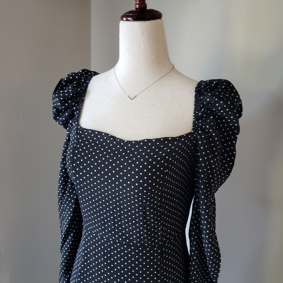 Black Polka Dot Print Gigot Long Sleeve Midi Dress - Picture 7 of 13